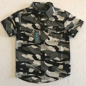 Bold Blue Gray Camo Button Down Shirt, Size 5